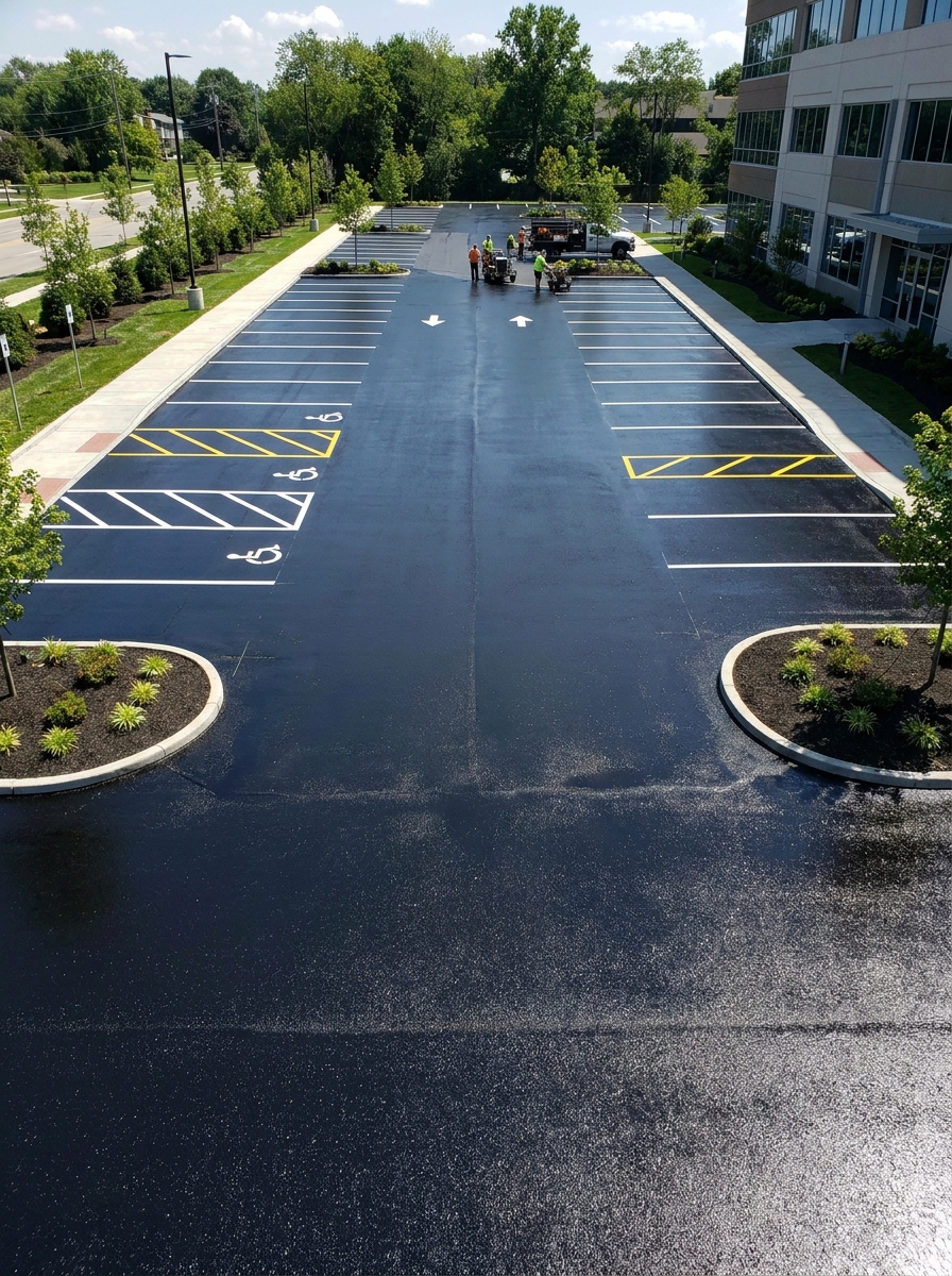 Austin Pavement Co. crew applying sealcoat and striping to a freshly resurfaced commercial parking lot