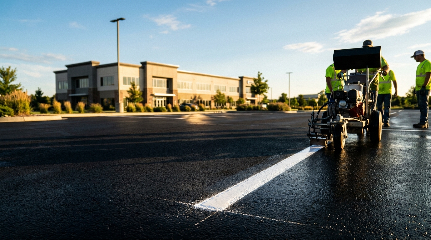 Close-up of a fresh white traffic-paint line being applied at sunset by an Austin Pavement Co. line striper