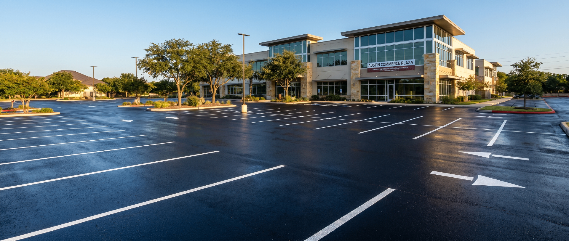 Wide aerial view of the Austin Commerce Plaza parking lot after sealcoating and restriping