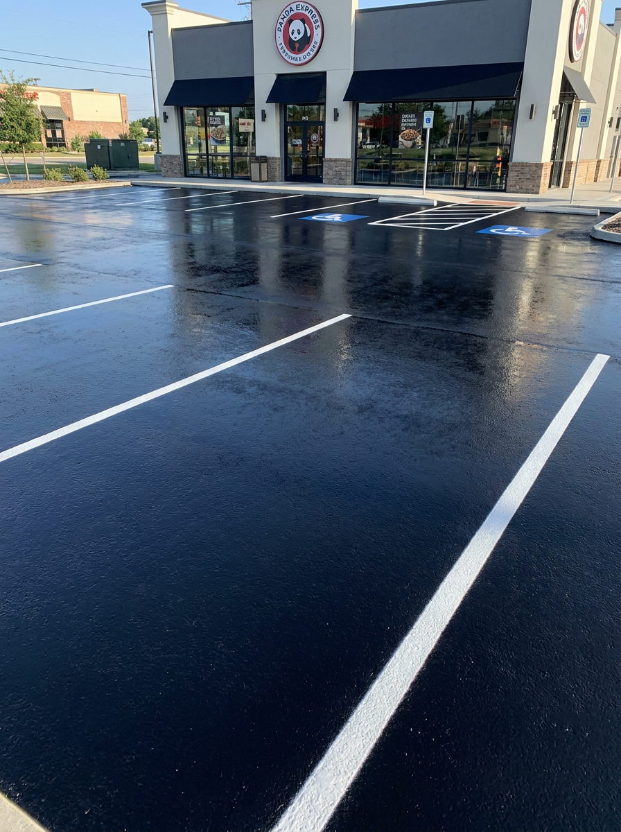 Close-up of a freshly sealcoated commercial parking lot with crisp white striping in front of a retail storefront