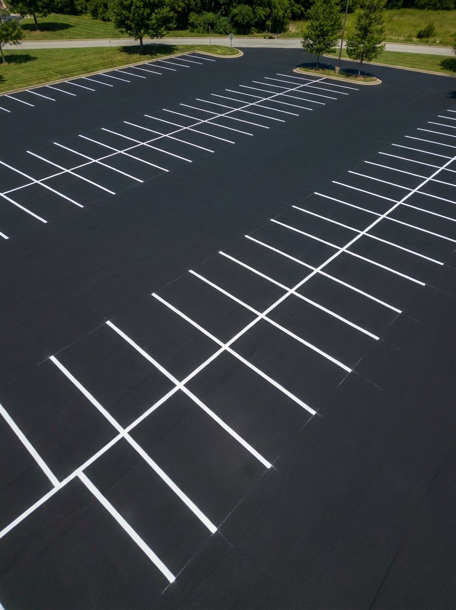 Aerial view of a freshly striped commercial parking lot with crisp white stall lines and directional markings