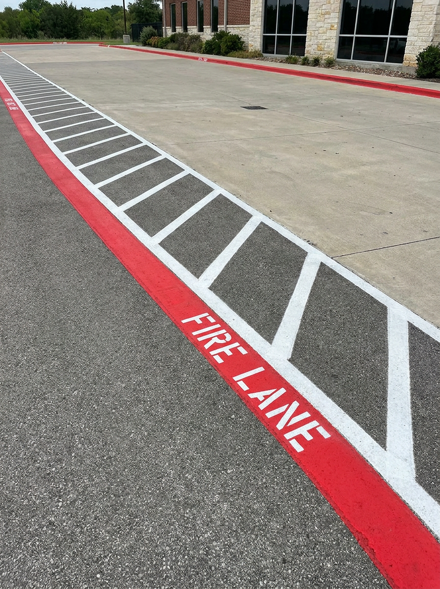 Red fire lane curb with white hatch markings and 'FIRE LANE' lettering along an Austin commercial building